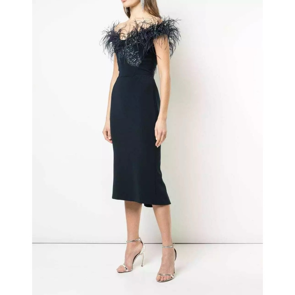 MARCHESA Navy Ostrich Feather Off Shoulder Dress 8